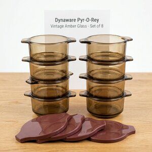 Set of 8 Vintage Dynaware Pyr-O-Rey Amber Glass Small Baking Casserole Bowls